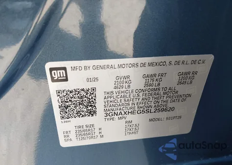 2025 Chevrolet Equinox Fwd Lt из США, поврежденный, VIN 3GNAXHEG5SL259620